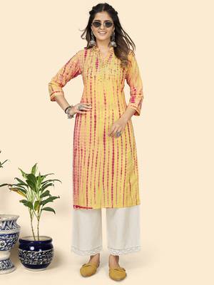Vbuyz Women'S Tie & Dye Print & Gota Work Straight Cotton Yellow Stitched Kurta 2