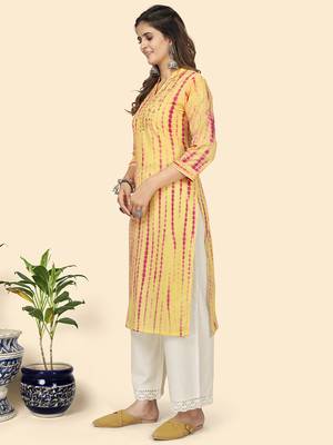 Vbuyz Women'S Tie & Dye Print & Gota Work Straight Cotton Yellow Stitched Kurta 4