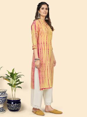 Vbuyz Women'S Tie & Dye Print & Gota Work Straight Cotton Yellow Stitched Kurta 5