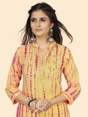 Vbuyz Women'S Tie & Dye Print & Gota Work Straight Cotton Yellow Stitched Kurta 6