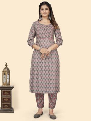 Vbuyz Women'S Print & Mirror Work Straight Cotton Grey Stitched Kurta 1