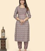 Vbuyz Women'S Print & Mirror Work Straight Cotton Grey Stitched Kurta