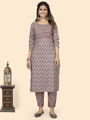 Vbuyz Women'S Print & Mirror Work Straight Cotton Grey Stitched Kurta 2