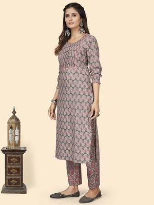 Vbuyz Women'S Print & Mirror Work Straight Cotton Grey Stitched Kurta 4
