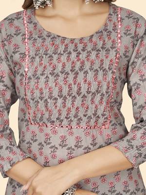 Vbuyz Women'S Print & Mirror Work Straight Cotton Grey Stitched Kurta 7