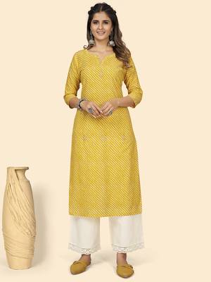 Vbuyz Women'S Print & Embroidered Straight Cotton Yellow Stitched Kurta 1