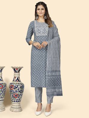 Vbuyz Women'S Print & Embroidered Straight Rayon Grey Stitched Kurta Pant With Dupatta 1