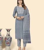 Vbuyz Women'S Print & Embroidered Straight Rayon Grey Stitched Kurta Pant With Dupatta