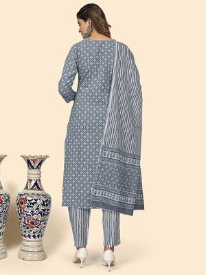 Vbuyz Women'S Print & Embroidered Straight Rayon Grey Stitched Kurta Pant With Dupatta 3