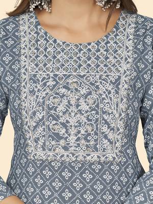 Vbuyz Women'S Print & Embroidered Straight Rayon Grey Stitched Kurta Pant With Dupatta 7
