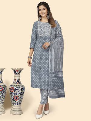 Vbuyz Women'S Print & Embroidered Straight Rayon Grey Stitched Kurta Pant With Dupatta 9
