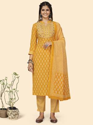 Vbuyz Women'S Embroidered Straight Cotton Yellow Stitched Kurta Pant With Dupatta 1