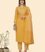 Vbuyz Women'S Embroidered Straight Cotton Yellow Stitched Kurta Pant With Dupatta