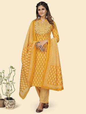 Vbuyz Women'S Embroidered Straight Cotton Yellow Stitched Kurta Pant With Dupatta 2