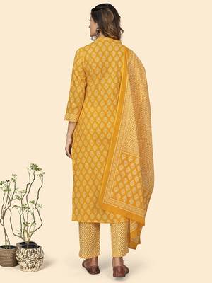Vbuyz Women'S Embroidered Straight Cotton Yellow Stitched Kurta Pant With Dupatta 3