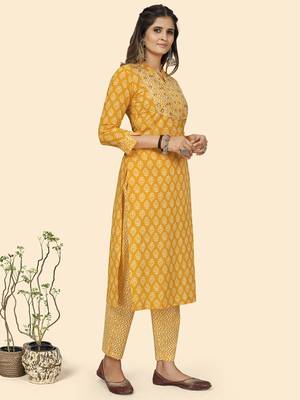 Vbuyz Women'S Embroidered Straight Cotton Yellow Stitched Kurta Pant With Dupatta 5