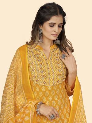 Vbuyz Women'S Embroidered Straight Cotton Yellow Stitched Kurta Pant With Dupatta 6