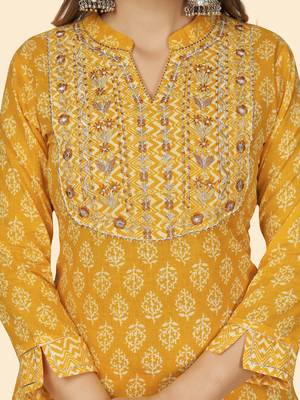 Vbuyz Women'S Embroidered Straight Cotton Yellow Stitched Kurta Pant With Dupatta 7