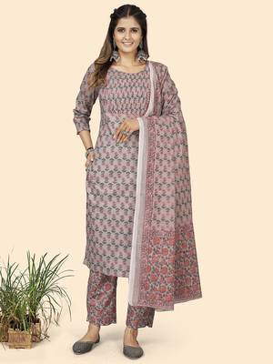 Vbuyz Women'S Print & Mirror Work Straight Cotton Grey Stitched Kurta Pant With Dupatta 1