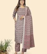 Vbuyz Women'S Print & Mirror Work Straight Cotton Grey Stitched Kurta Pant With Dupatta