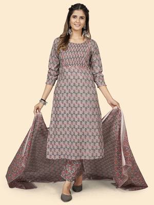 Vbuyz Women'S Print & Mirror Work Straight Cotton Grey Stitched Kurta Pant With Dupatta 2