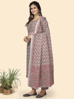 Vbuyz Women'S Print & Mirror Work Straight Cotton Grey Stitched Kurta Pant With Dupatta 4