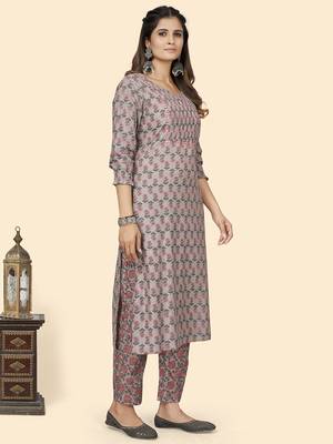 Vbuyz Women'S Print & Mirror Work Straight Cotton Grey Stitched Kurta Pant With Dupatta 5