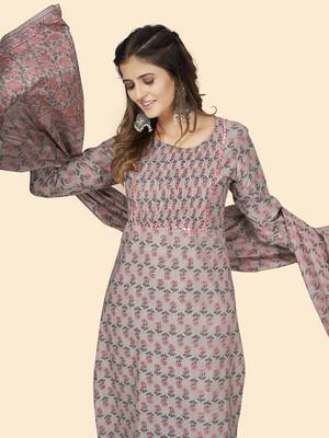 Vbuyz Women'S Print & Mirror Work Straight Cotton Grey Stitched Kurta Pant With Dupatta 6