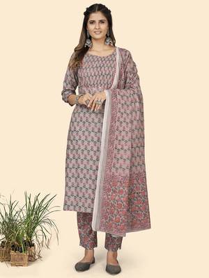 Vbuyz Women'S Print & Mirror Work Straight Cotton Grey Stitched Kurta Pant With Dupatta 8