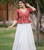 White colour georgette Paper Mirror and Thread Embroidery Work lehenga with foil printed blouse 