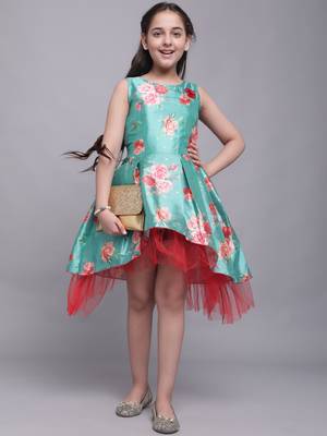 Turquoise printed silk kids-girl-gowns 1
