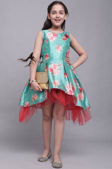 Turquoise printed silk kids-girl-gowns