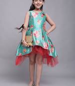 Turquoise printed silk kids-girl-gowns