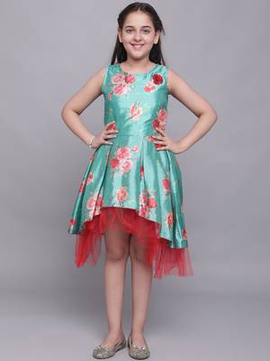 Turquoise printed silk kids-girl-gowns 2