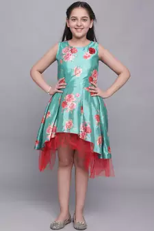 Turquoise printed silk kids-girl-gowns