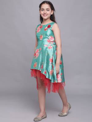 Turquoise printed silk kids-girl-gowns 3