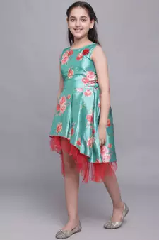 Turquoise printed silk kids-girl-gowns