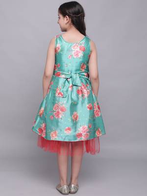 Turquoise printed silk kids-girl-gowns 4