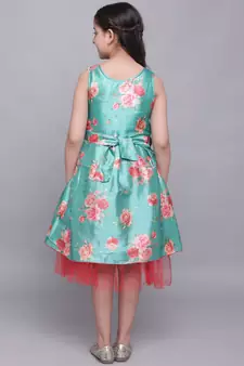 Turquoise printed silk kids-girl-gowns