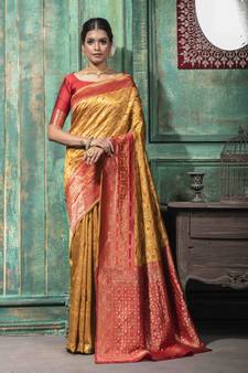 Mustard woven banarasi silk saree with blouse