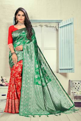 Green Printed Silk Blend Saree With Blouse 1
