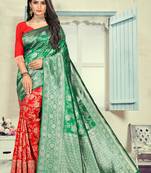 Green Printed Silk Blend Saree With Blouse