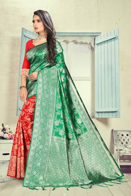 Green Printed Silk Blend Saree With Blouse 2