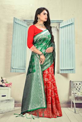 Green Printed Silk Blend Saree With Blouse 3