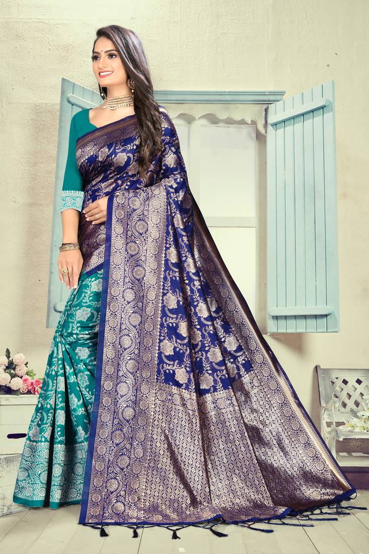 Navy Blue Floral Printed Silk Blend Saree With Unstitched Blouse Piece