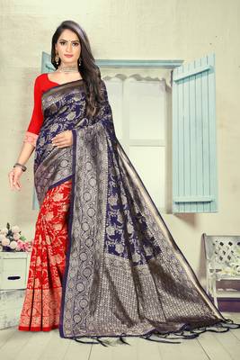 Dark Blue Printed Silk Blend Saree With Blouse 1