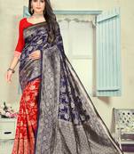 Dark Blue Printed Silk Blend Saree With Blouse