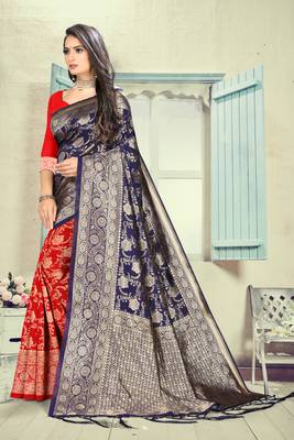 Dark Blue Printed Silk Blend Saree With Blouse 2