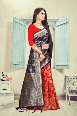 Dark Blue Printed Silk Blend Saree With Blouse 3
