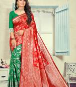 Red Printed Silk Blend Saree With Blouse
